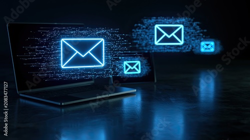 Neon email icons stream from glowing laptops, symbolizing digital communication
