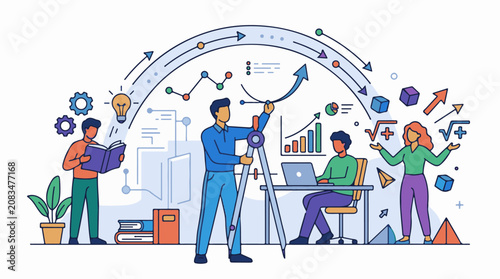 Diverse people collaborate using data math and technology for growth