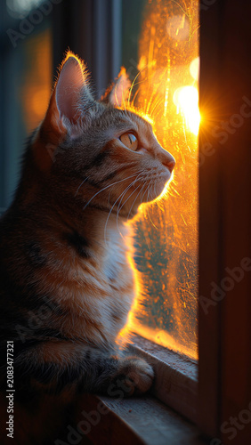 Curious tabby cat looking out the window at glowing sunset golden hour light with watching, domestic