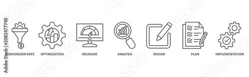 CRO banner web icon illustration with icon of conversion rate, optimization, measure, analysis, design, plan, implementation