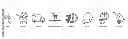Delivery Service banner web icon illustration with icon of app, order, supply, online shopping, express, food, commerce, cargo