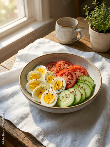 Healthy breakfast bowl with eggs tomatoes and cucumbers