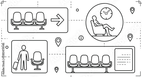 Картината върху платно Airport waiting area terminal lounge line art vector icons set passenger travel