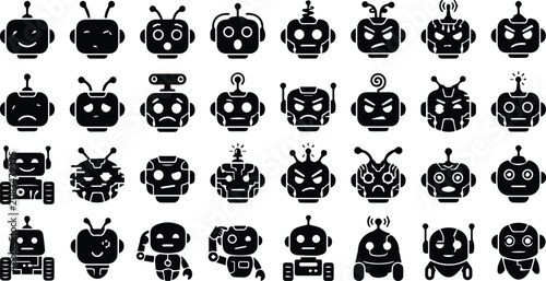 Fotografie Robot head and full-body icon set, 35 unique black silhouette vector illustratio