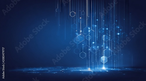 Abstract futuristic digital technology background with blue glowing hexagons and copy space, Blue neon cyber security backdrop with geometric structures, data network concept.