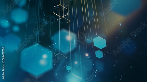 Abstract futuristic digital technology background with blue glowing hexagons and copy space, Blue neon cyber security backdrop with geometric structures, data network concept.