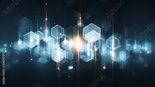 Abstract futuristic digital technology background with blue glowing hexagons and copy space, Blue neon cyber security backdrop with geometric structures, data network concept.