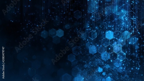 Abstract futuristic digital technology background with blue glowing hexagons and copy space, Blue neon cyber security backdrop with geometric structures, data network concept.