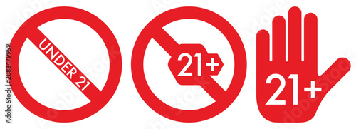Collection of age restriction icons including under 21 prohibition and 21 plus access symbols. Editable vector for retail, entertainment venues, packaging and informational signage.