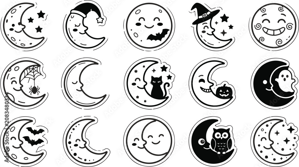 Fototapeta premium Halloween vector bundle 15 spooky moon icons for decoration and design
