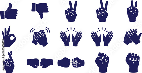 Konstfotografi Hand gestures vector icon set, diverse human hands expressing communication and emotion, modern flat design symbols for user interfaces and social media, isolated on white background