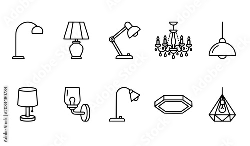 Tableau sur toile Interior Lighting Line Icon Collection with Floor Lamp Chandelier and Ceiling Li
