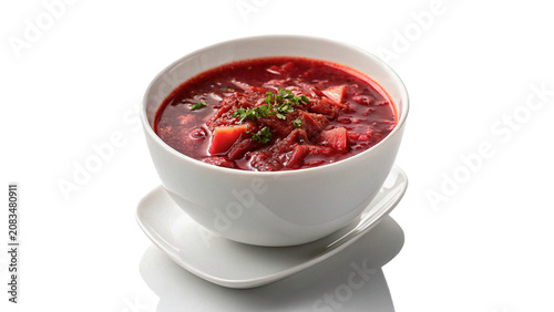 Fotografie Bowl of traditional Russian red beet borsch soup isolated on a transparent backg