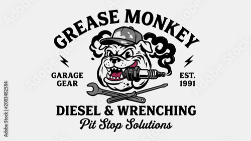 Canvas Print Vintage Grease Monkey Bulldog Mechanic Head Biting Spark Plug with Crossed Tools