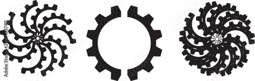 Industrial gear icons set, mechanical cogwheel vector elements, black spiral gear wheels for engineering and manufacturing logos