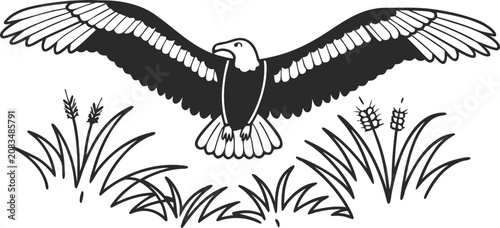 Canvastavla Black and white of an eagle soaring above tall grass and wheat stalks on a clean