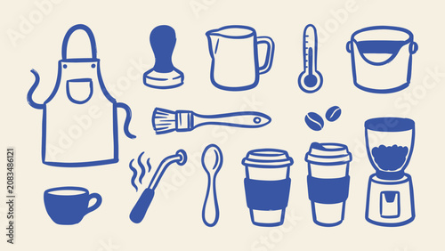 Photos Coffee barista tools and equipment vector icons set with hand drawn doodle illus