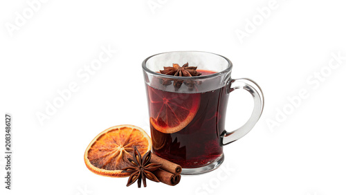 Fotografie Glass mug of hot mulled wine drink beverage isolated on a transparent background