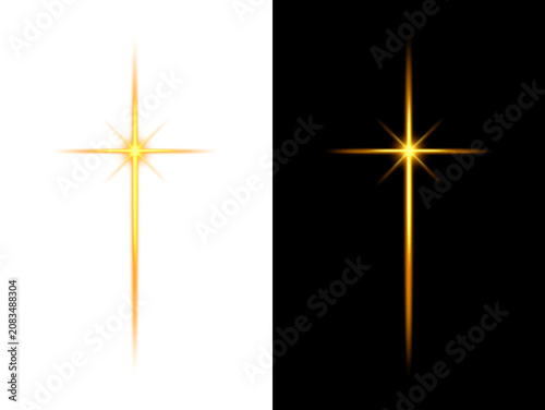 Foto Golden yellow cross shaped lens flare with vertical light beam and radial rays presented on transparent and dark background for high quality design