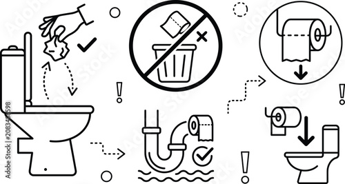 Fotografie Toilet rules line icon set showing proper flush habits plumbing safety no trash