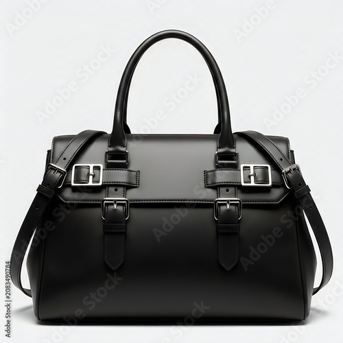 Elegant black handbag with metal hardware and long strap