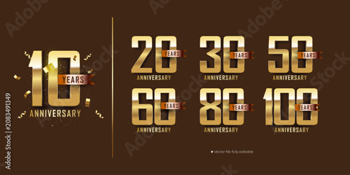Elegant Gold Anniversary Years Collection 10 20 30 50 60 80 100 Editable Vector Typography Set