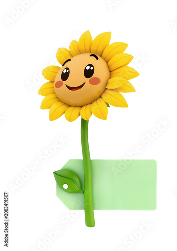 3D illustration of a smiling sunflower with a cartoon face holding a price tag. PNG, transparetnt.