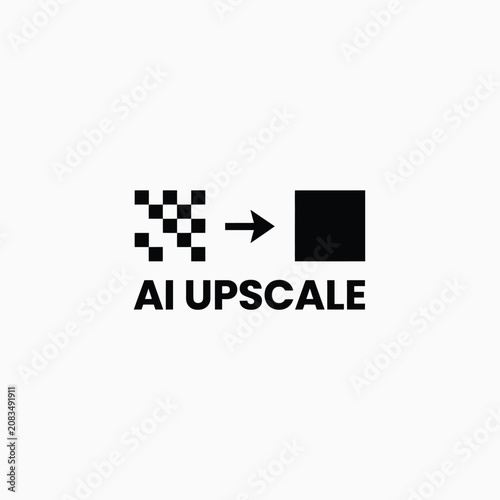 Принти на полотні Pixelated square transforming into a solid square with text reading ai upscale o