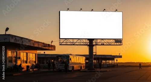 A large blank billboard stands prominently against a golden sunset sky, with buildings and a bus visible in the foreground, perfect for advertising mockups.