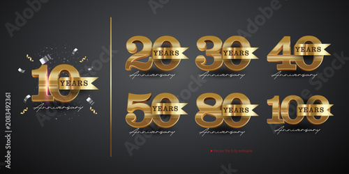 Luxury Gold Anniversary Years Collection 10 20 30 40 50 80 100 Editable Vector Logo Set