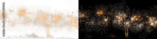 Foto Golden fireworks finale with multiple glowing pyrotechnic explosions sparkling c