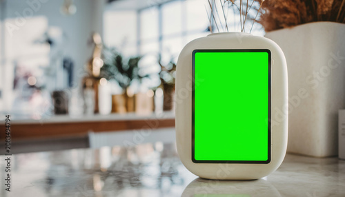 A white device with a green screen sits on a kitchen countertop next to a potted plant and other home decor.