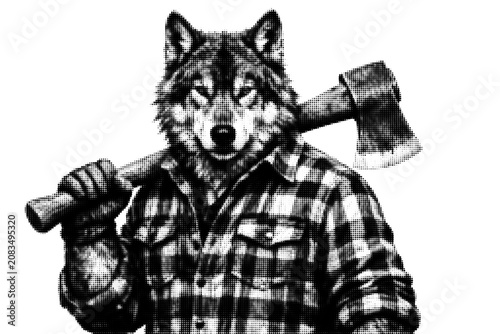 Photos Halftone Dot Pattern Vector Illustration of a Wolf Lumberjack in a Plaid Shirt H