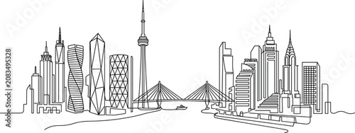 Obraz na płótnie Modern City Skyline Line Art Illustration with Landmark Tower Bridge and Urban A