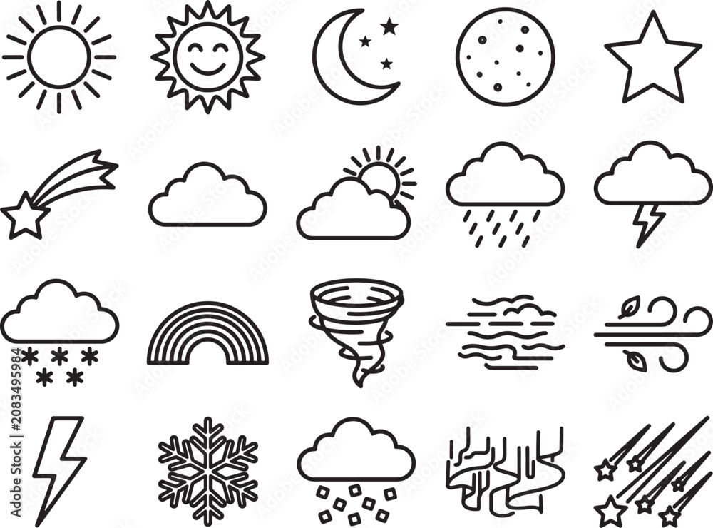 Obraz premium A collection of simple, outline-style icons representing various weather phenomena, including sun, moon, clouds, rain, snow, lightning, and more, displayed in a grid format for easy understanding.