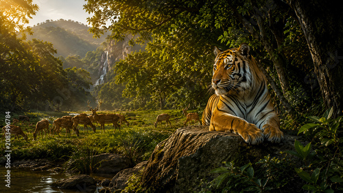Silent Guardian of the Jungle: Tiger Watching a Herd of Deer