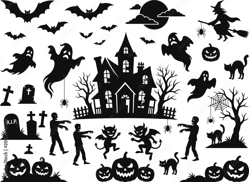 Fototapeta premium Spooky halloween silhouettes ghosts bats witch zombies and haunted house vector illustration