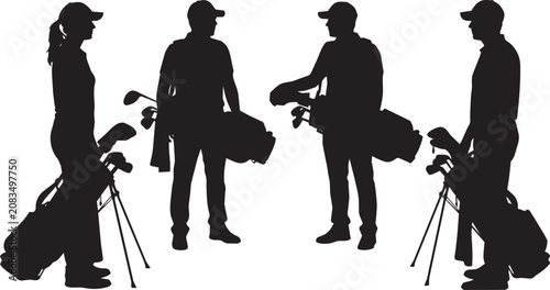 Tableau sur toile Golf Team Silhouette Collection with Golf Bags and Standing Discussion Poses

Collection of four golfer silhouettes featuring teammates standing with golf bags in a casual discussion