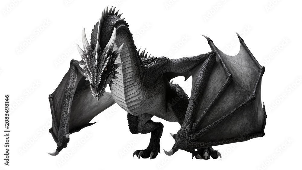 Obraz premium Black dragon with large wings and sharp claws, fantasy creature