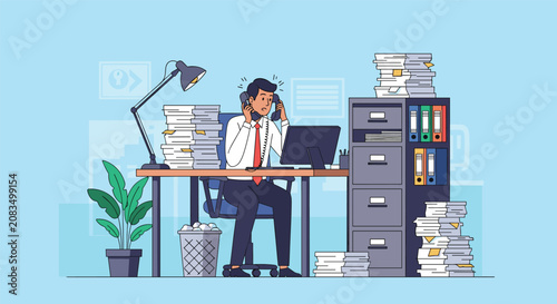 Overworked businessman answering two phone calls simultaneously at a desk piled high with stacks of documents.