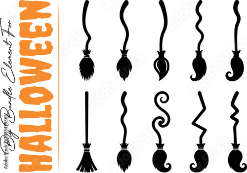 Witch broomsticks silhouette vector design asset pack. Collection of ten unique flying broom styles featuring curly, wavy, straight, and crooked handles for Halloween graphics.