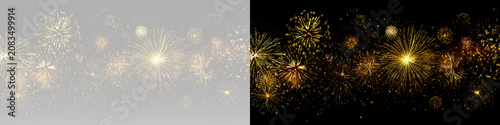 Bild auf Leinwand Golden luxury fireworks display with sparkling glowing pyrotechnic explosions ce