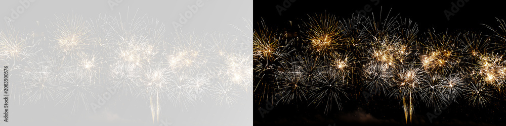 Obraz premium Golden New Year fireworks show with sparkling pyrotechnic explosions glowing bursts celebration holiday festival party event and festive light effects
