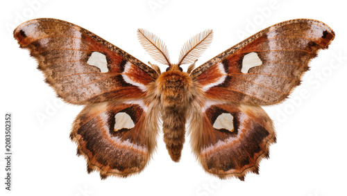 Obraz na plátně Brown moth with white eye spots on wings and feathery antennae