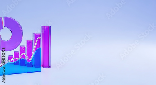 Financial performance and market analysis showing purple glass bar graph with rising blue area chart business investment statistics analysis corporate planning accounting performance