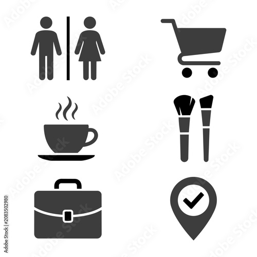Set of 6 solid pictogram icons. Includes restroom toilet, shopping cart, hot coffee cup, makeup brushes, briefcase business bag and map location pin with check mark.