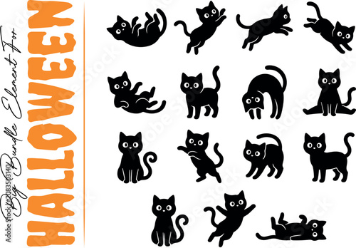 Cute black cat silhouettes vector mega pack. Collection of thirteen playful cartoon kittens in various active poses including jumping, stretching, rolling, and playing isolated on white.