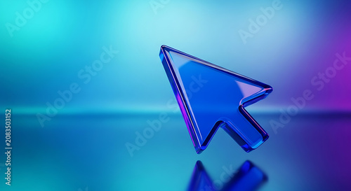Abstract 3D blue cursor arrow icon on colorful gradient background with technology interface internet navigation computer software direction