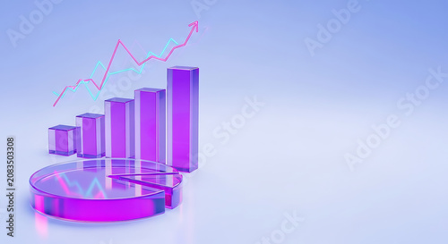 3D render of purple glass bar chart and pie chart with rising growth trend arrow business investment analysis statistics progress performance abstract financial trending marketing corporate