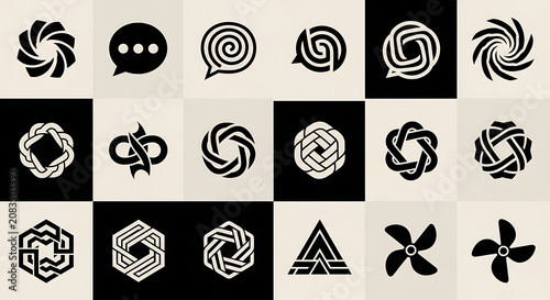 Set of decorative circular geometric logos and abstract graphic shapes with geometric abstract ornamental creative circular minimalist monochrome decoration interlocking branding